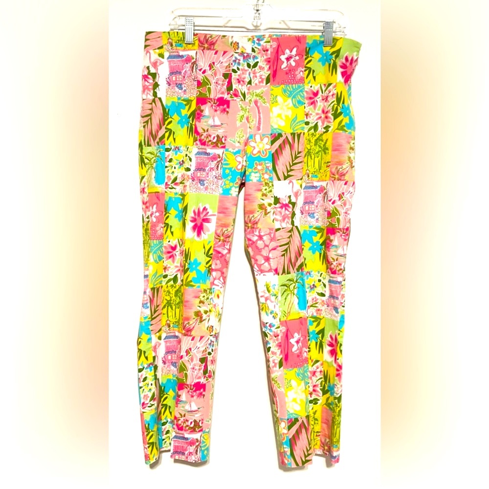 Colorful Patchwork Capris in pastel tropical print. Bushwacker.